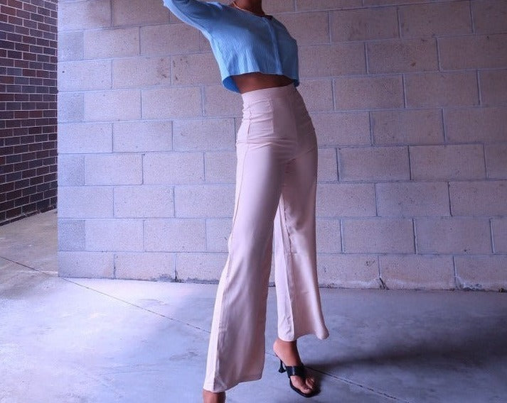 BRITNEY PANTS - WIDE LEG HIGH WAISTED BEIGE PANTS