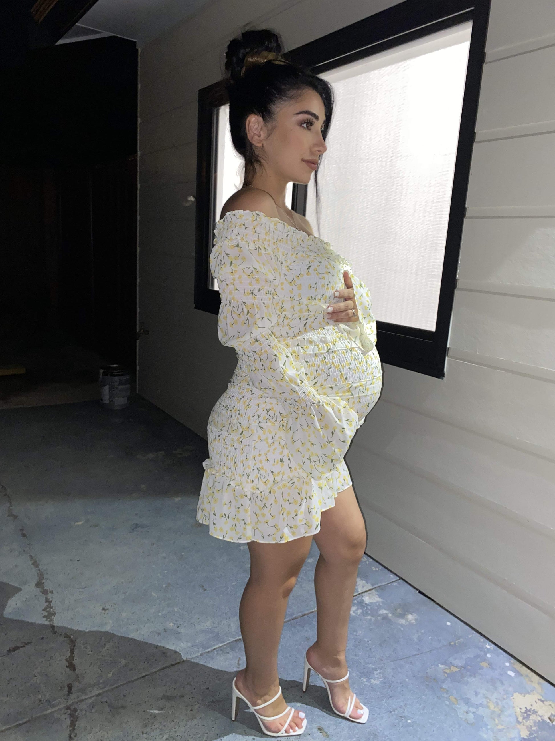maternity yellow floral printed mini long sleeved dress