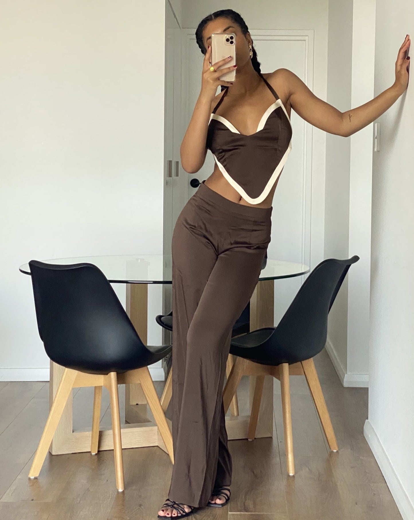 high waisted brown satin like wide leg flared pants 